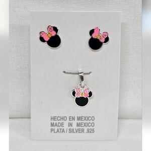 Minnie Mouse Pendant & Stud Earrings Set – Enamel 925 Mexican Sterling Silver